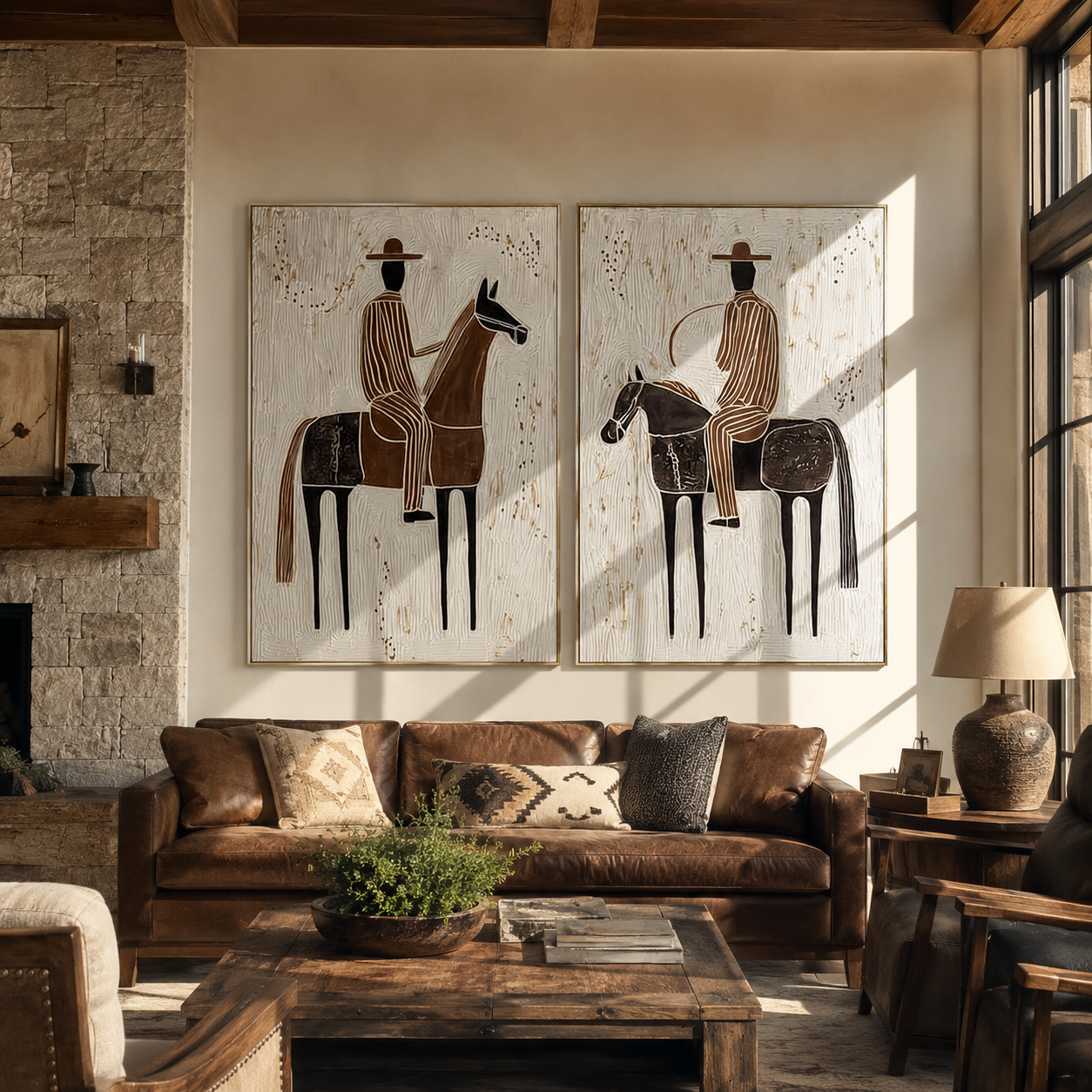 Riders Trace Open Country Western diptych displayed in a contemporary interior