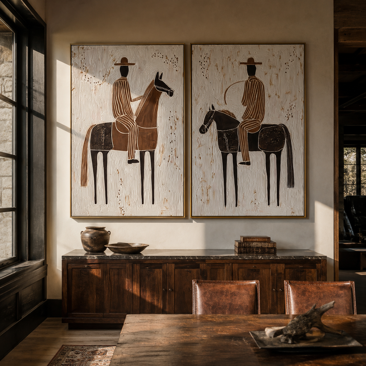 Riders Trace Open Country two-panel Western artwork with layered color