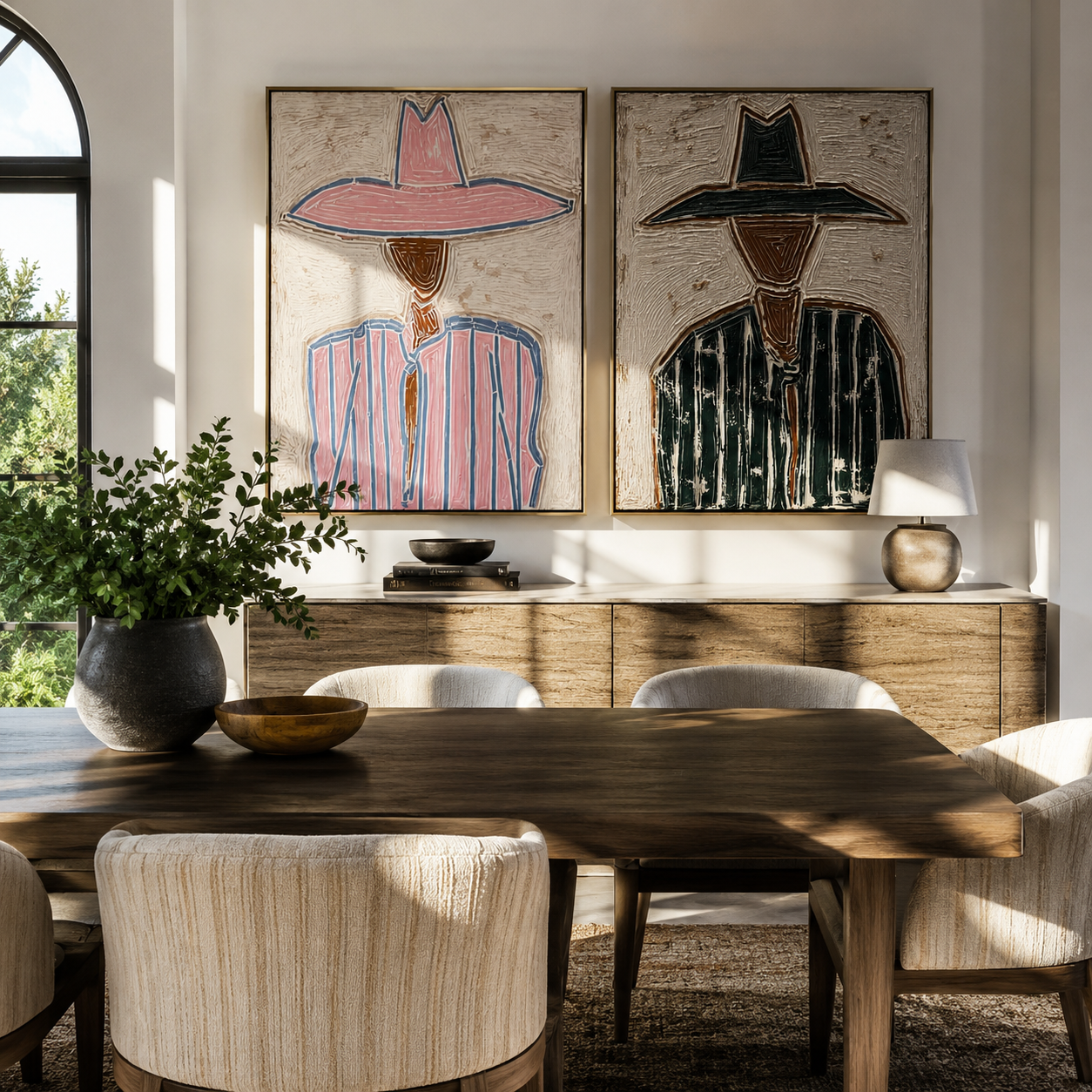Harlequin Brims Trade Glances paired wall art styled above modern furniture