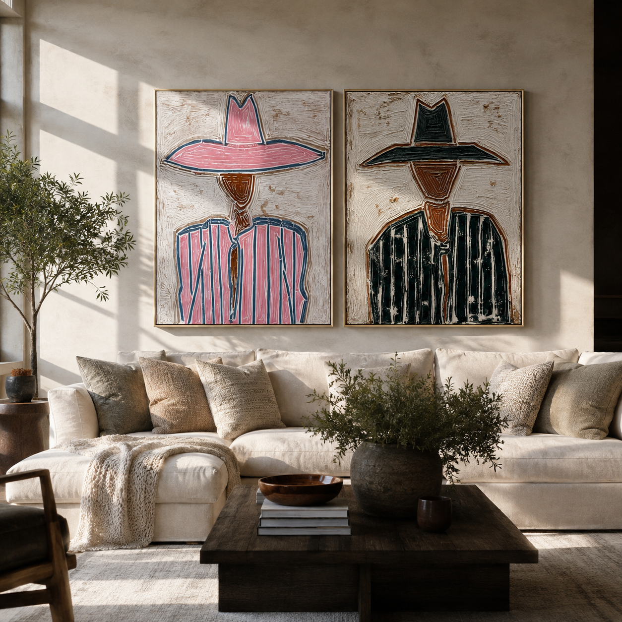 Harlequin Brims Trade Glances two-panel Western artwork with layered color