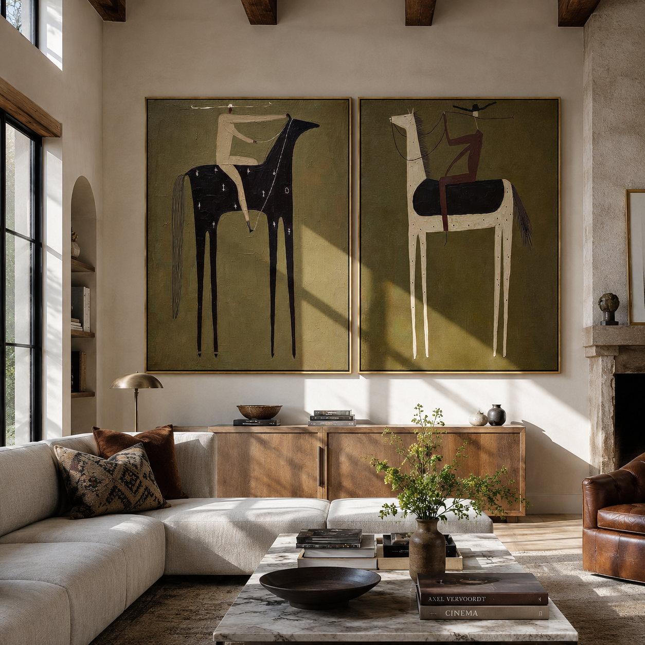 High Saddles Hold Quiet Western diptych displayed in a contemporary interior
