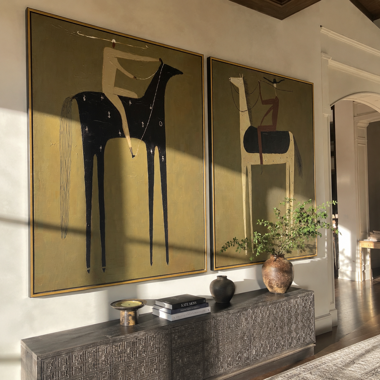 High Saddles Hold Quiet diptych presented with natural materials and decor