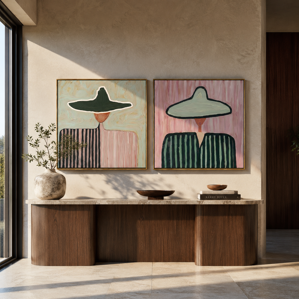 Opposite Horses Share Ground Western diptych displayed in a contemporary interior