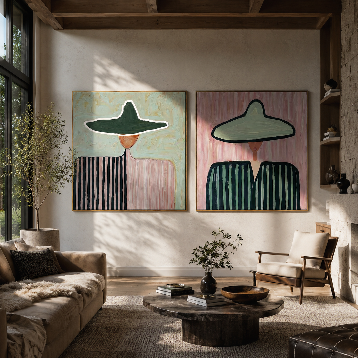 Opposite Horses Share Ground Vintage Americana diptych in a collected room