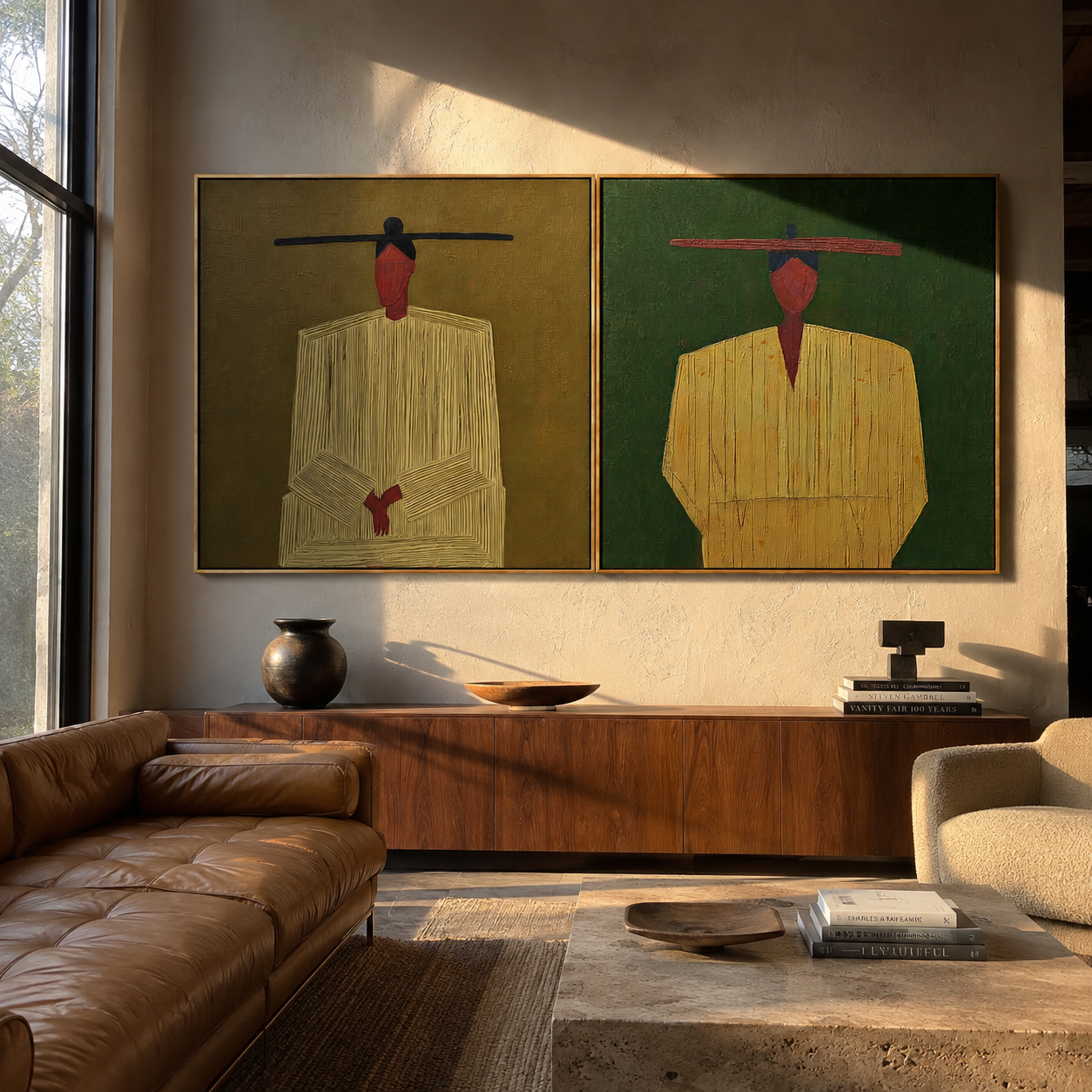 Mint Brims Meet Rose Western diptych displayed in a contemporary interior