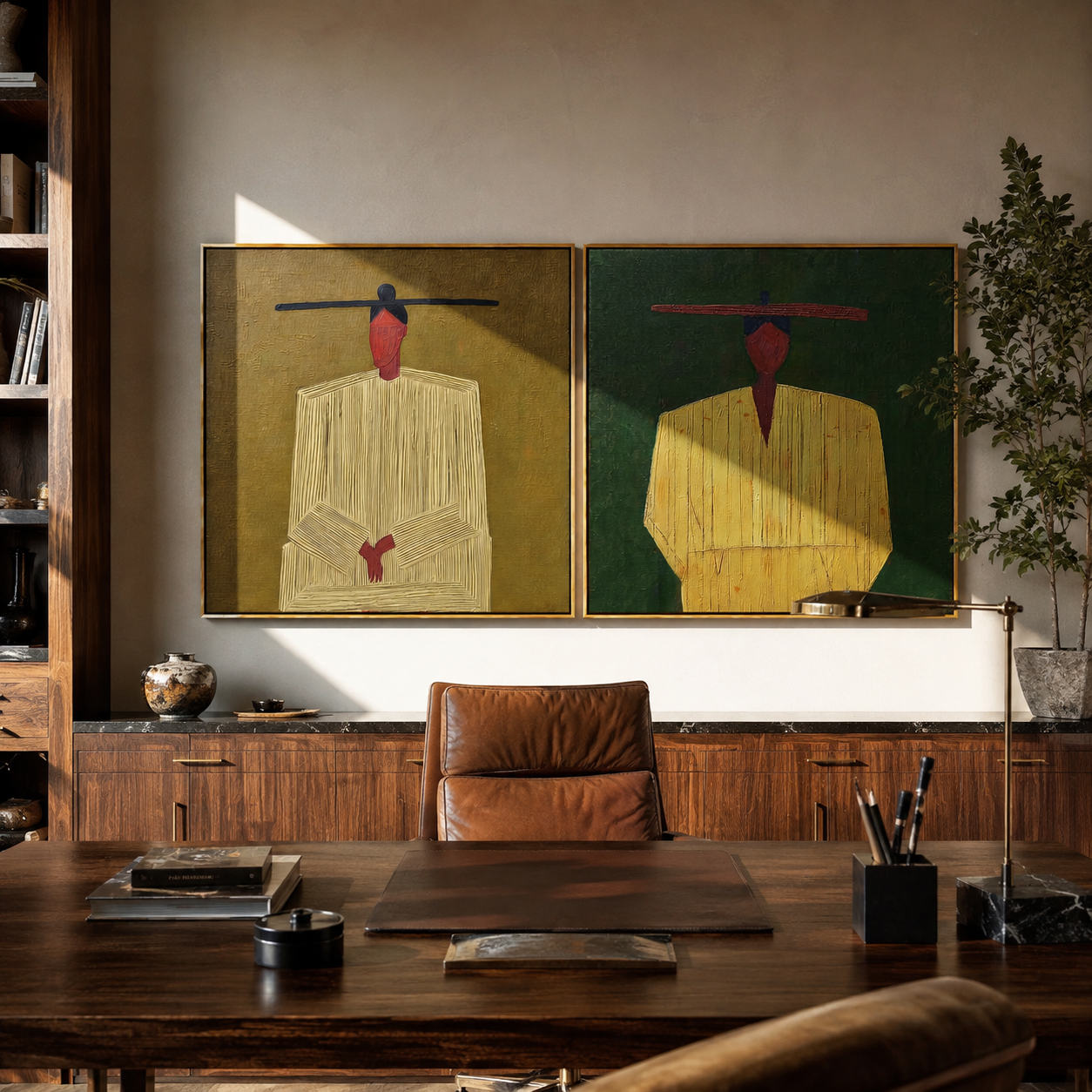 Mint Brims Meet Rose paired wall art styled above modern furniture