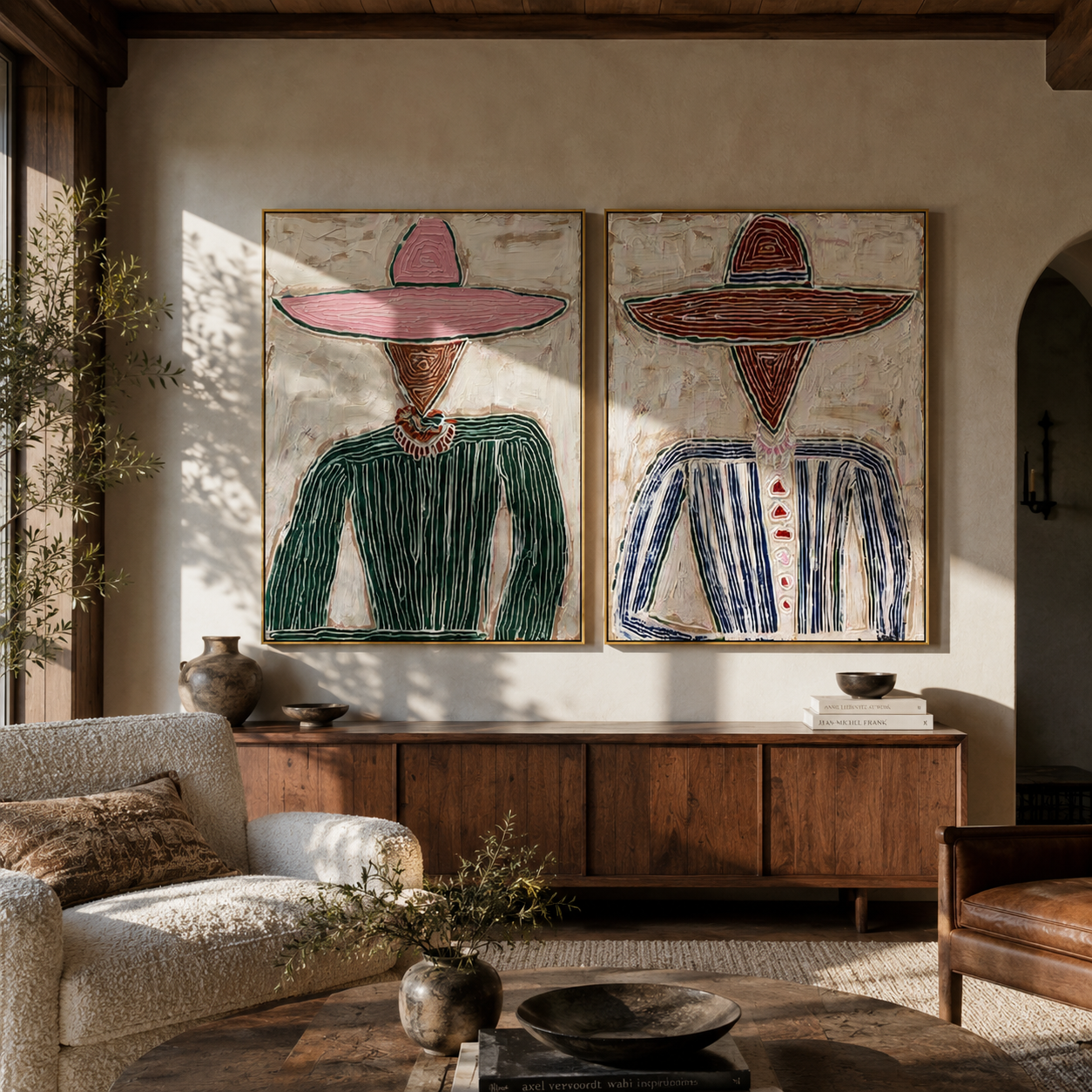 Prairie Figures Stand Plain Western diptych displayed in a contemporary interior