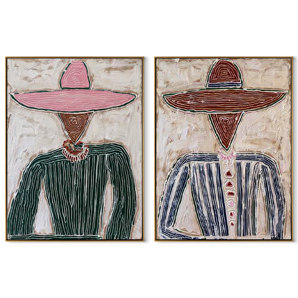Prairie Figures Stand Plain – mustard Western Portrait Diptych Painting | Modern Vintage Americana Set of 2 Wall Art