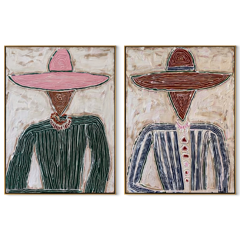 Prairie Figures Stand Plain – mustard Western Portrait Diptych Painting | Modern Vintage Americana Set of 2 Wall Art