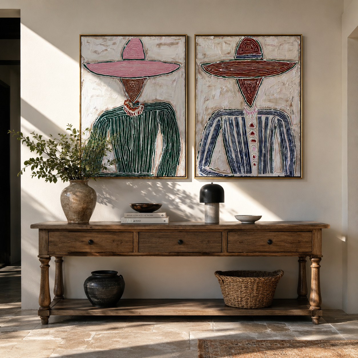 Prairie Figures Stand Plain two-panel Western artwork with layered color