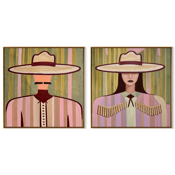 Soft Hats Hold Poise – pink Western Portrait Diptych Painting | Modern Vintage Americana Set of 2 Wall Art