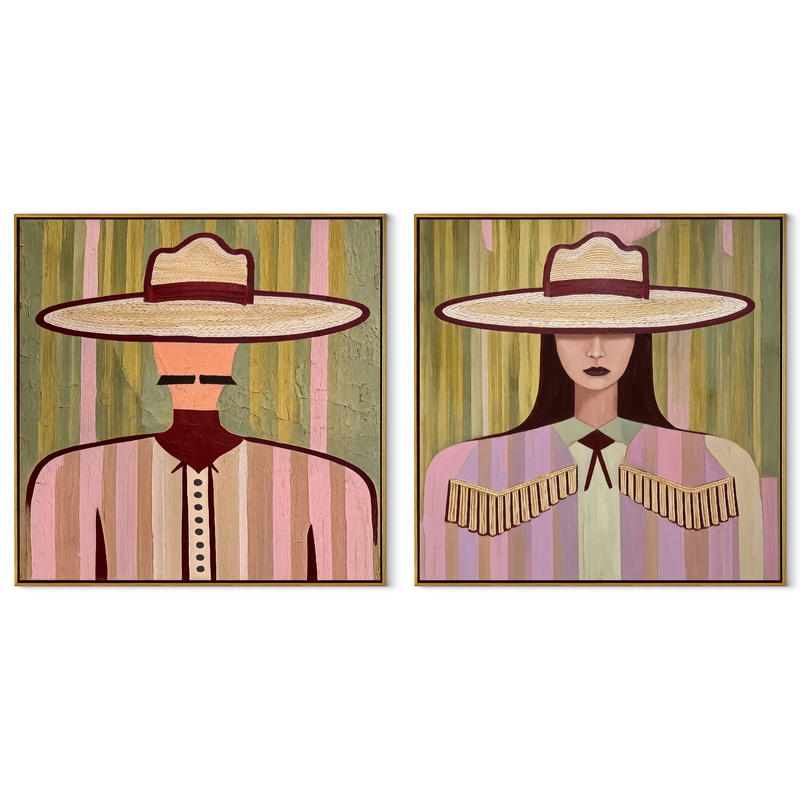 Soft Hats Hold Poise – pink Western Portrait Diptych Painting | Modern Vintage Americana Set of 2 Wall Art