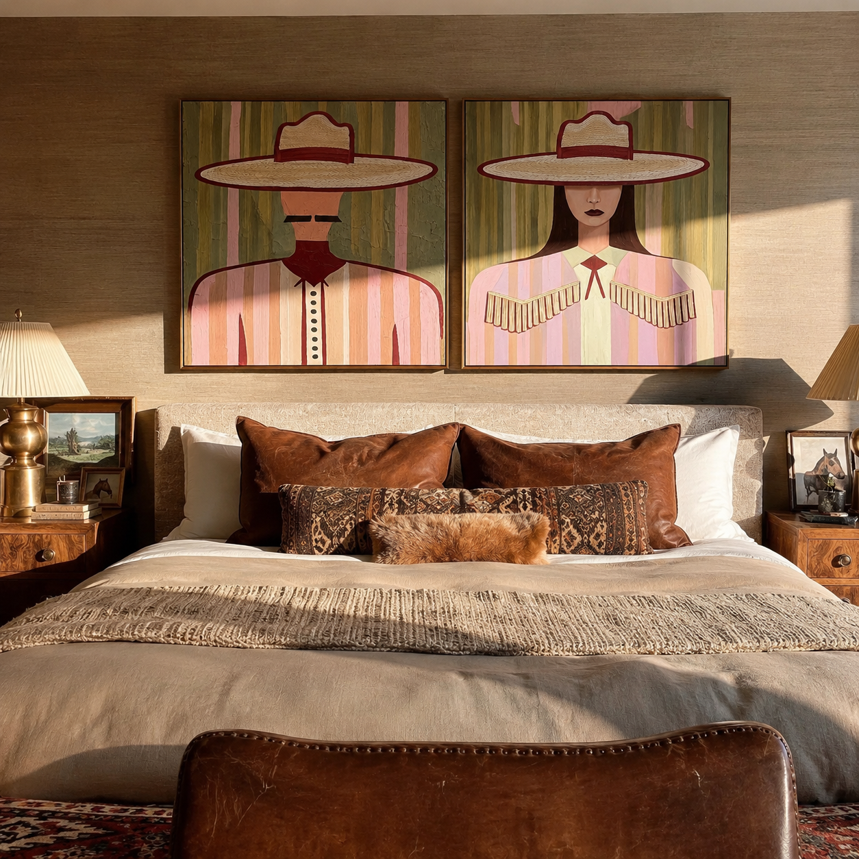 Soft Hats Hold Poise paired wall art styled above modern furniture