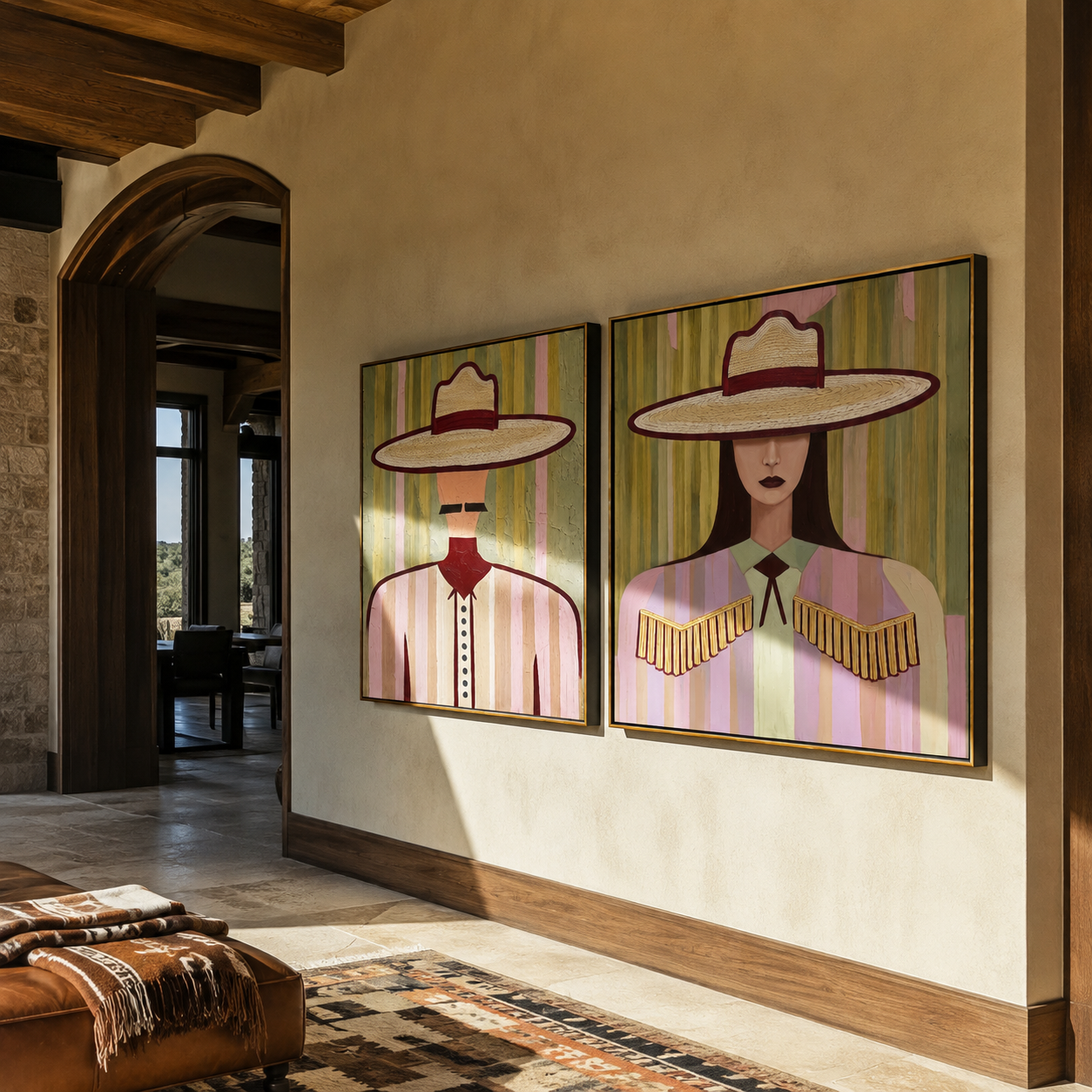 Soft Hats Hold Poise two-panel Western artwork with layered color