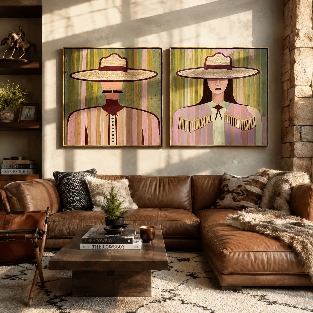 Soft Hats Hold Poise diptych presented with natural materials and decor