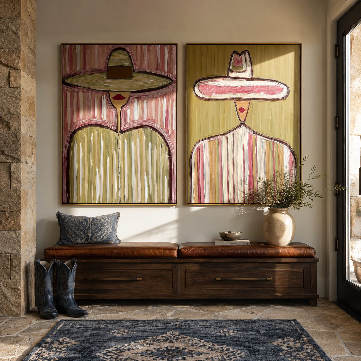 Mauve Brims Carry Sun Western diptych displayed in a contemporary interior