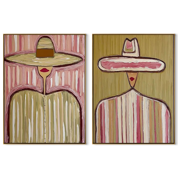 Mauve Brims Carry Sun – mauve Western Portrait Diptych Painting | Modern Vintage Americana Set of 2 Wall Art