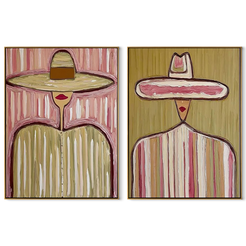 Mauve Brims Carry Sun – mauve Western Portrait Diptych Painting | Modern Vintage Americana Set of 2 Wall Art