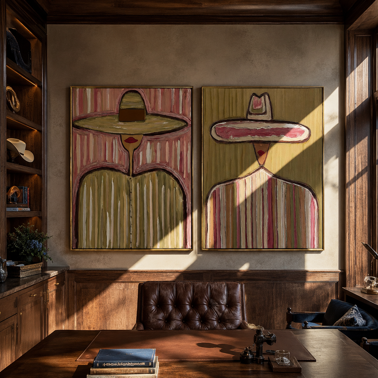 Mauve Brims Carry Sun paired wall art styled above modern furniture