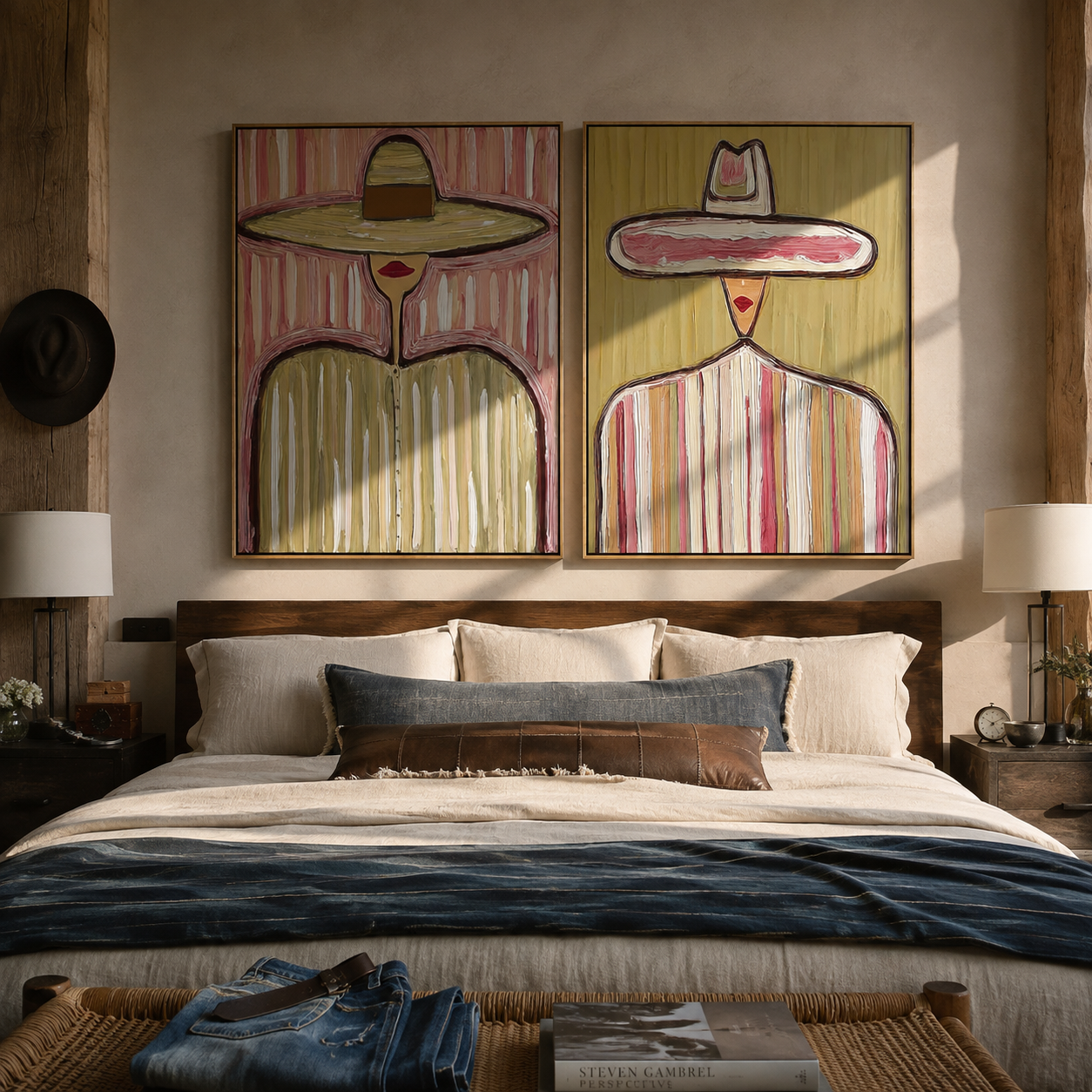 Mauve Brims Carry Sun diptych presented with natural materials and decor