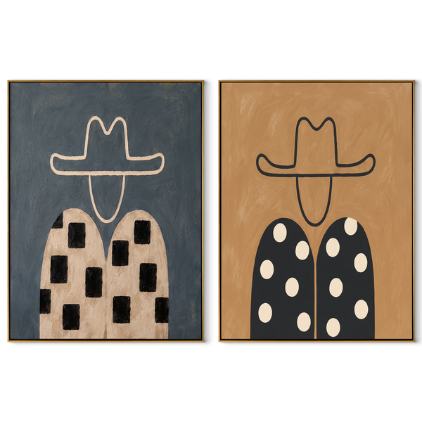 Dotted Shirts Meet Stripes – blue Western Portrait Diptych Painting | Modern Vintage Americana Set of 2 Wall Art