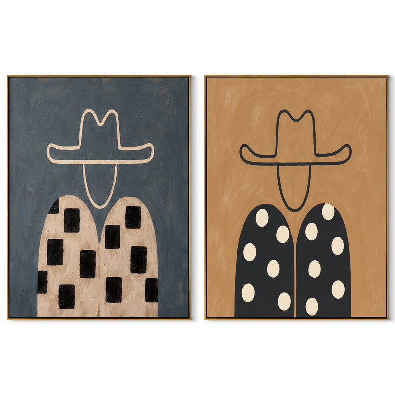 Dotted Shirts Meet Stripes – blue Western Portrait Diptych Painting | Modern Vintage Americana Set of 2 Wall Art