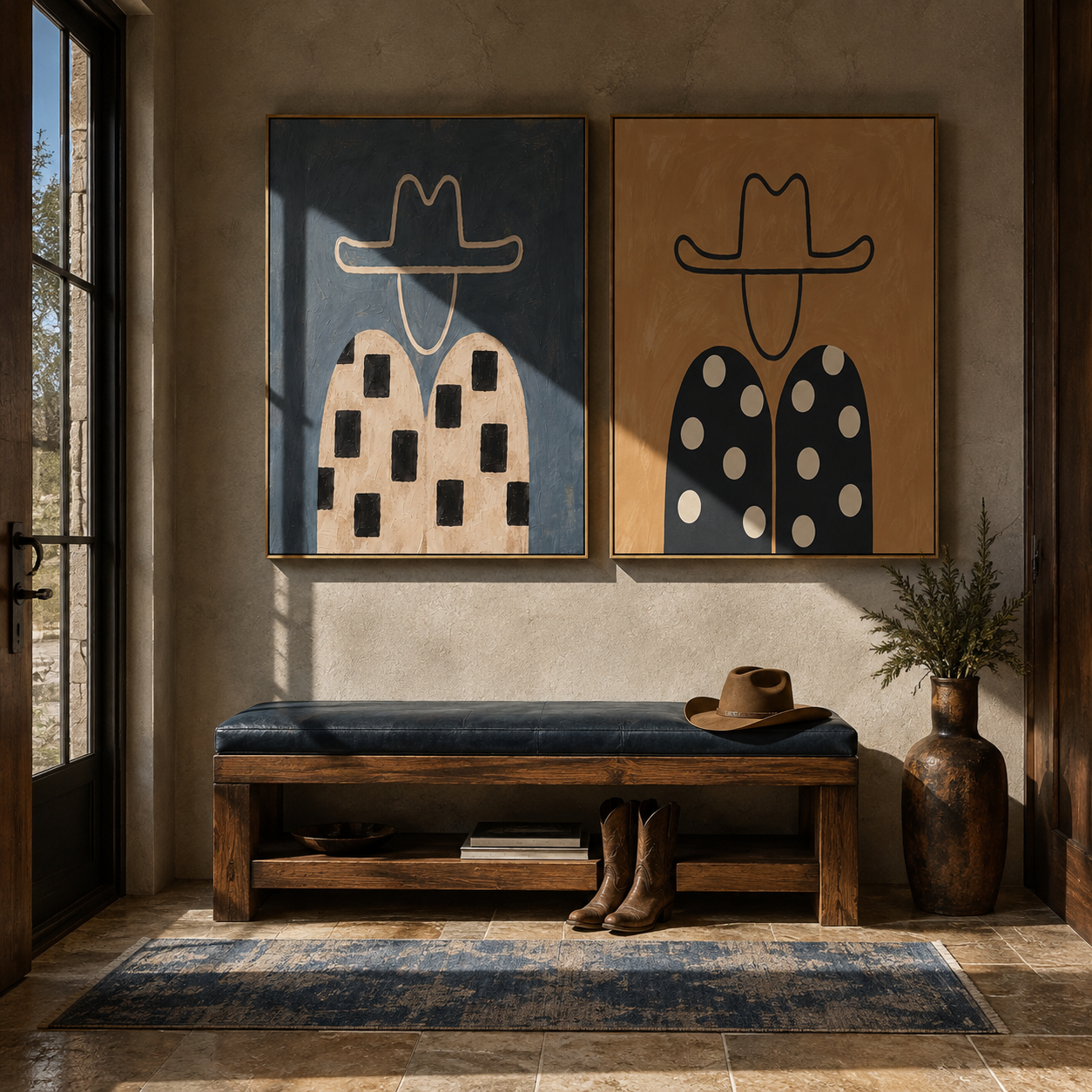 Dotted Shirts Meet Stripes Vintage Americana diptych in a collected room