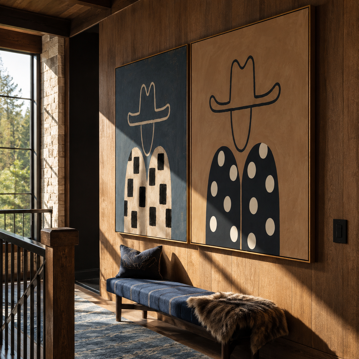 Dotted Shirts Meet Stripes diptych presented with natural materials and decor