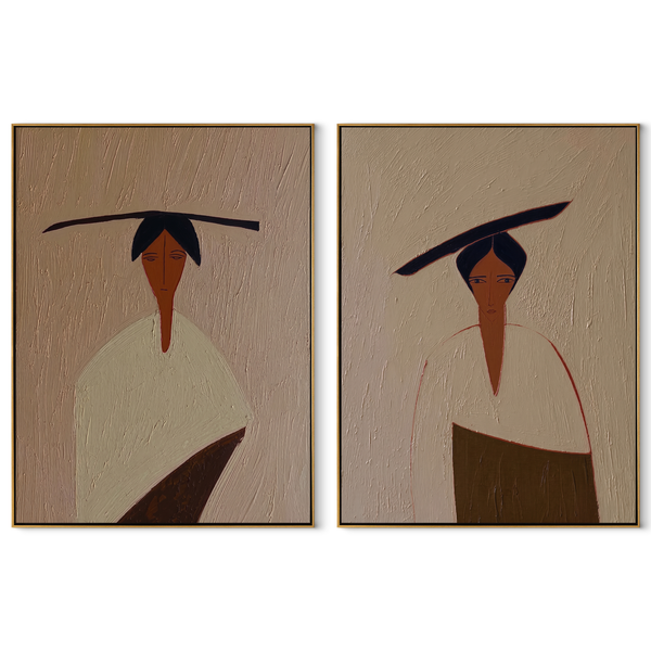 Black Brims Hide Faces – black Western Portrait Diptych Painting | Modern Vintage Americana Set of 2 Wall Art
