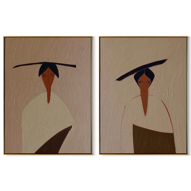 Black Brims Hide Faces – black Western Portrait Diptych Painting | Modern Vintage Americana Set of 2 Wall Art