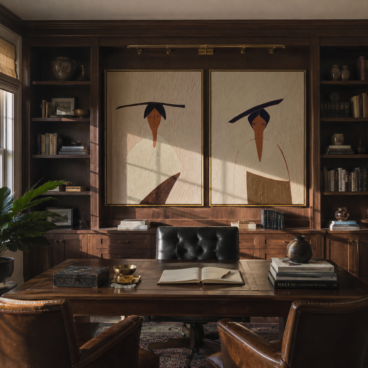 Black Brims Hide Faces paired wall art styled above modern furniture