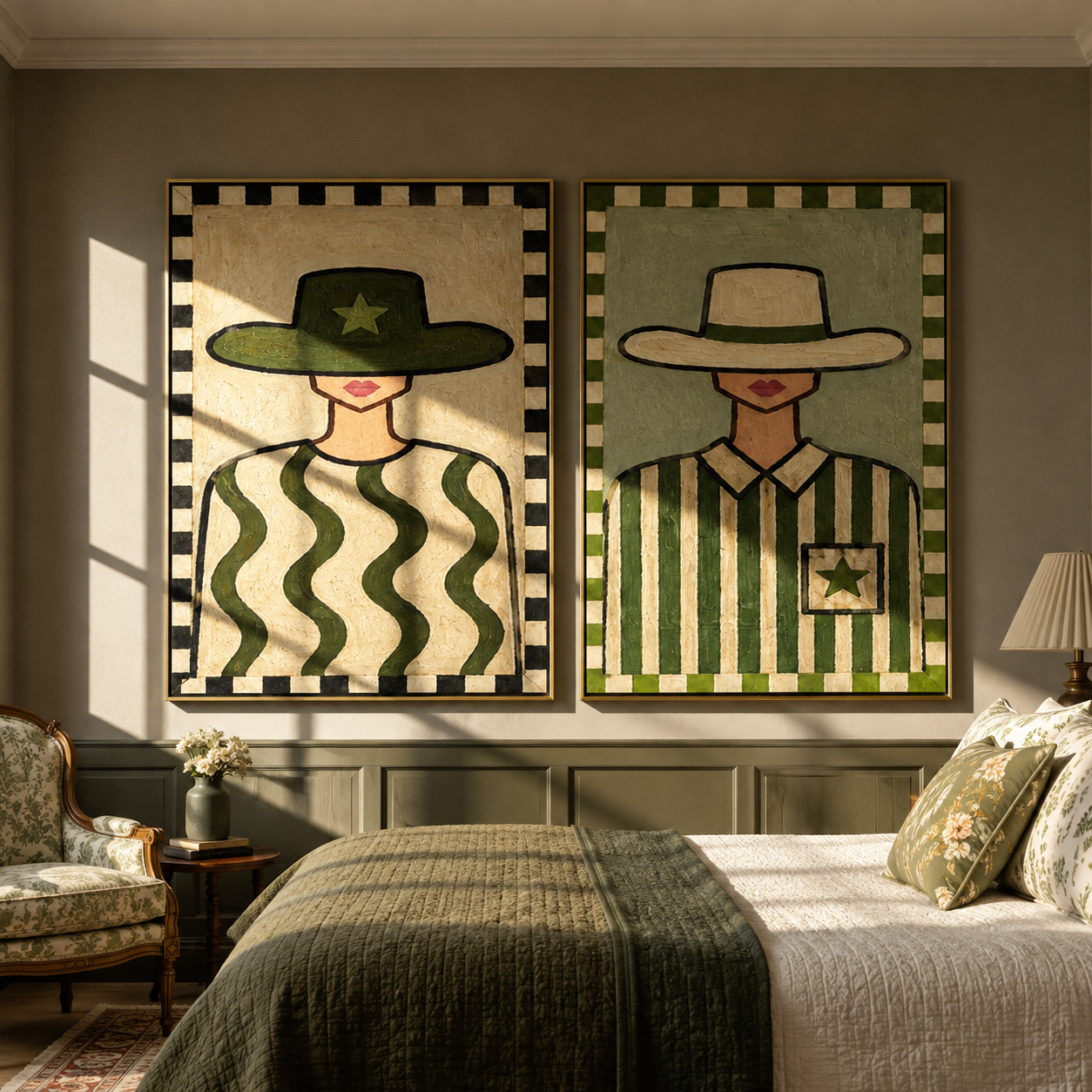 Checker Frames Hold Sage Western diptych displayed in a contemporary interior