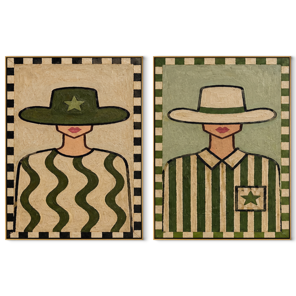 Checker Frames Hold Sage – olive Western Portrait Diptych Painting | Modern Vintage Americana Set of 2 Wall Art