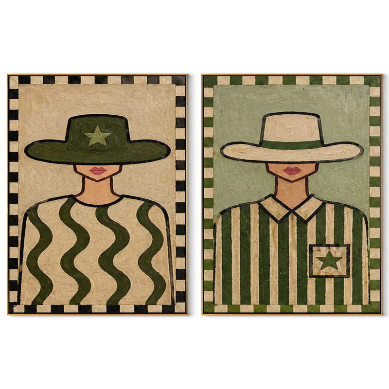 Checker Frames Hold Sage – olive Western Portrait Diptych Painting | Modern Vintage Americana Set of 2 Wall Art