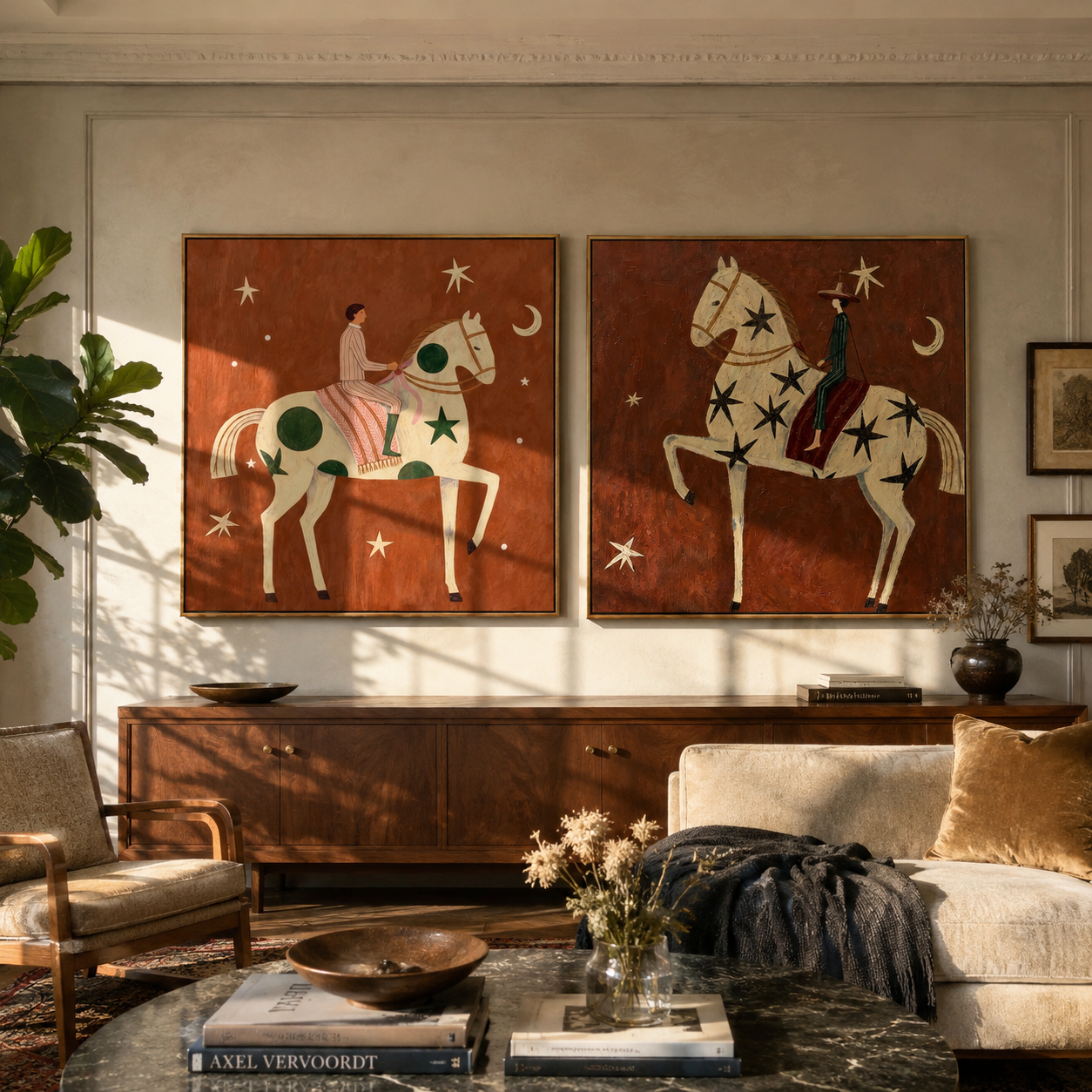 Star Riders Cross Rust Western diptych displayed in a contemporary interior