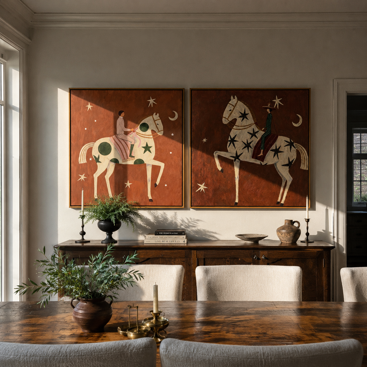 Star Riders Cross Rust paired wall art styled above modern furniture