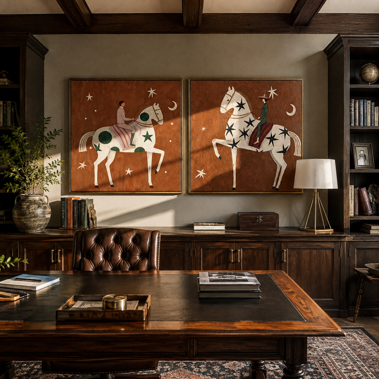 Star Riders Cross Rust Vintage Americana diptych in a collected room