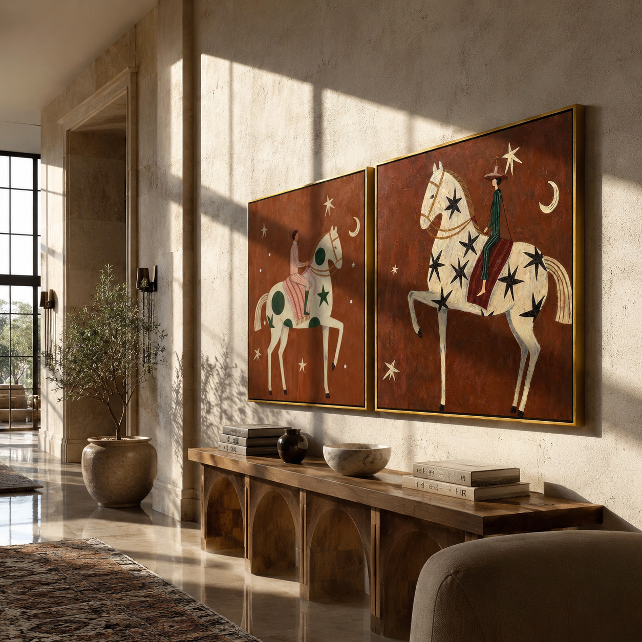 Star Riders Cross Rust diptych presented with natural materials and decor