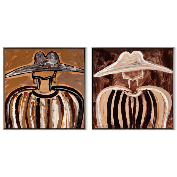 Striped Brims Fill Silence – brown Western Portrait Diptych Painting | Modern Vintage Americana Set of 2 Wall Art