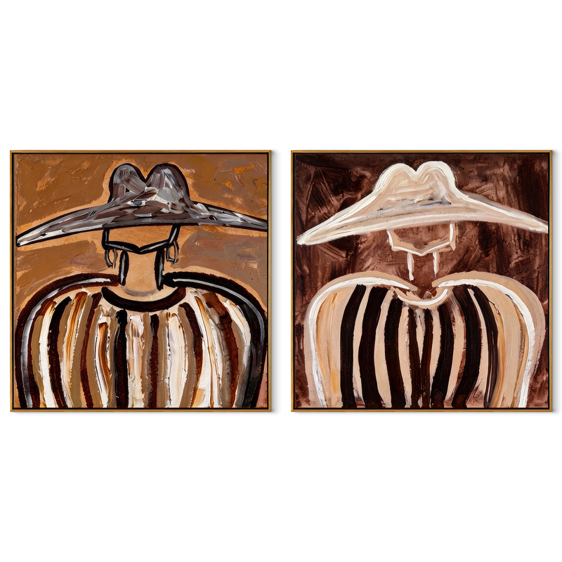 Striped Brims Fill Silence – brown Western Portrait Diptych Painting | Modern Vintage Americana Set of 2 Wall Art
