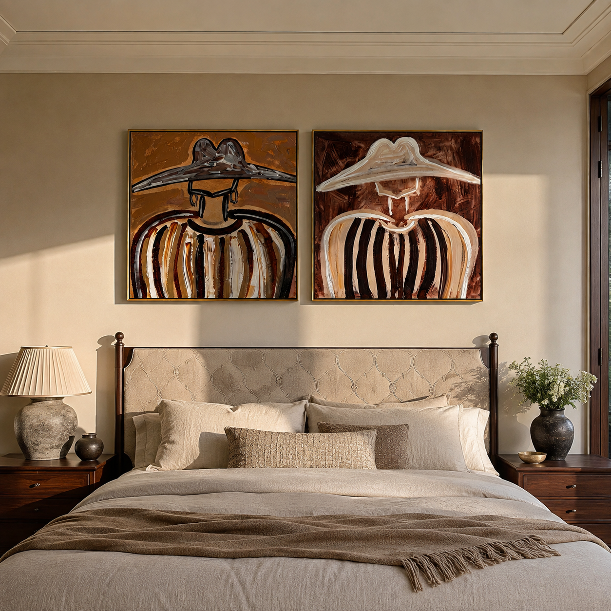 Striped Brims Fill Silence Vintage Americana diptych in a collected room