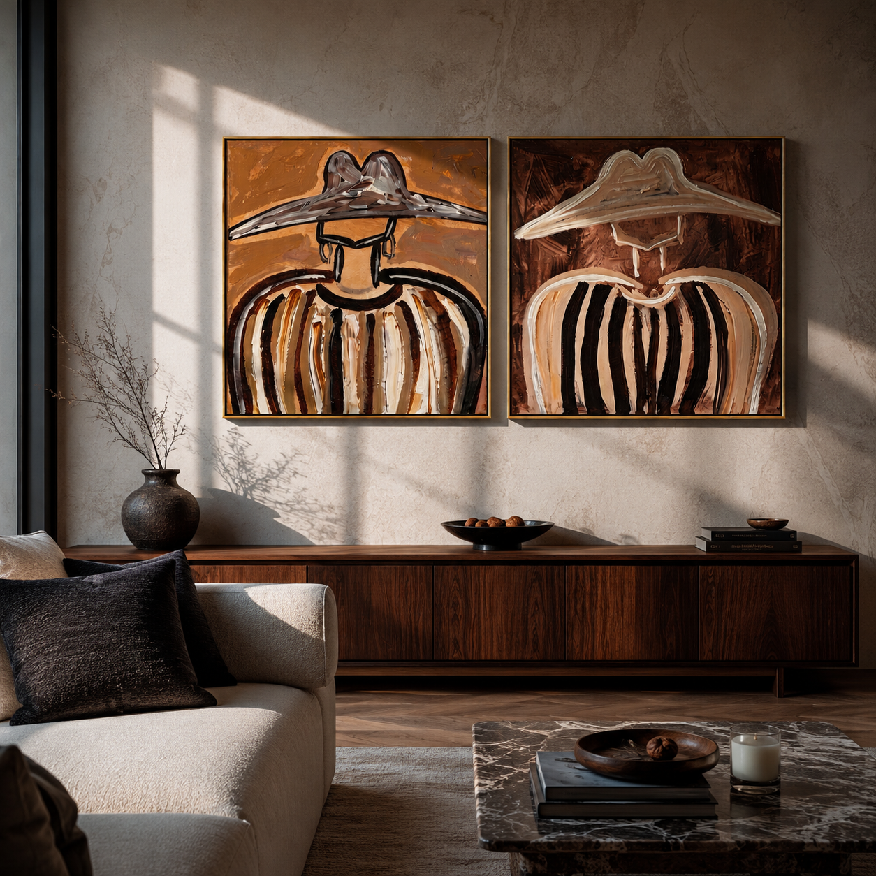 Striped Brims Fill Silence diptych presented with natural materials and decor