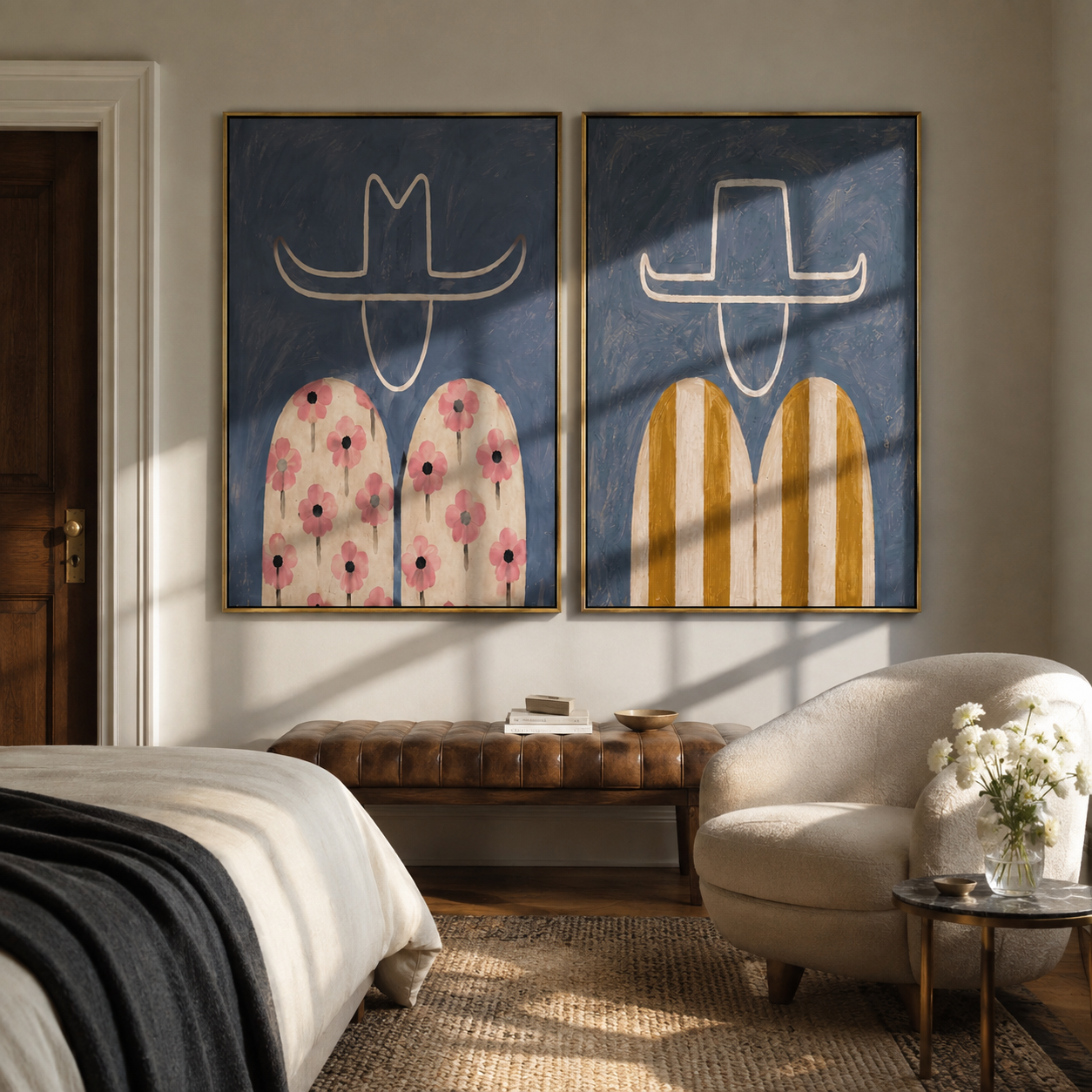 Floral Cowboys Carry Color Western diptych displayed in a contemporary interior