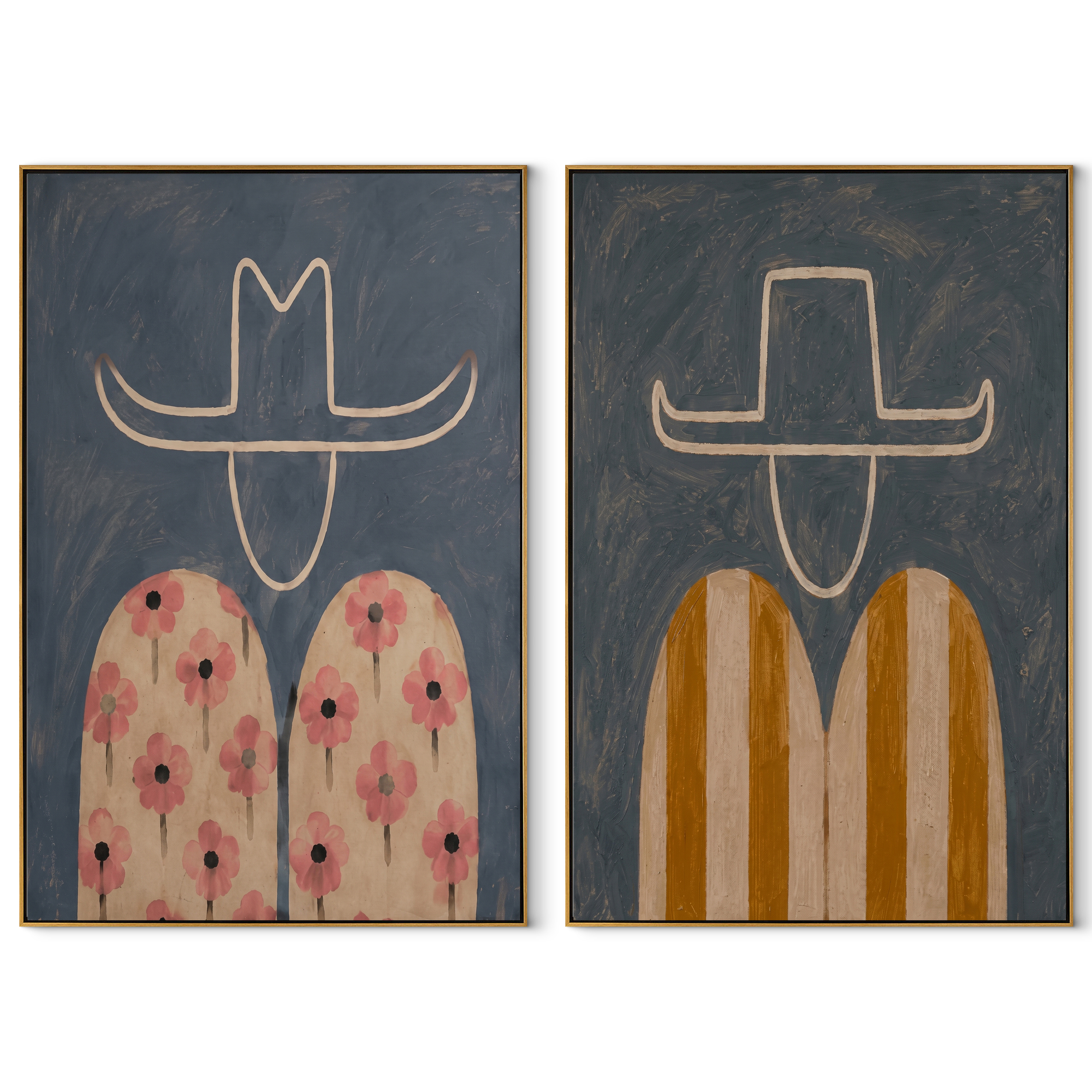 Floral Cowboys Carry Color set of two vertical canvas artworks on white