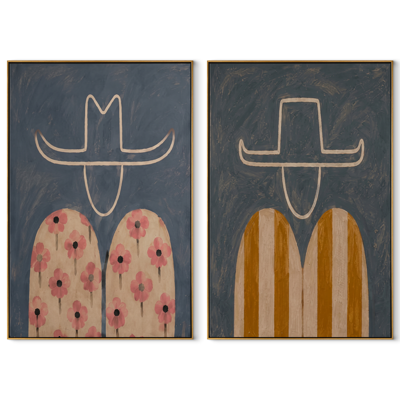 Floral Cowboys Carry Color – blue Western Portrait Diptych Painting | Modern Vintage Americana Set of 2 Wall Art