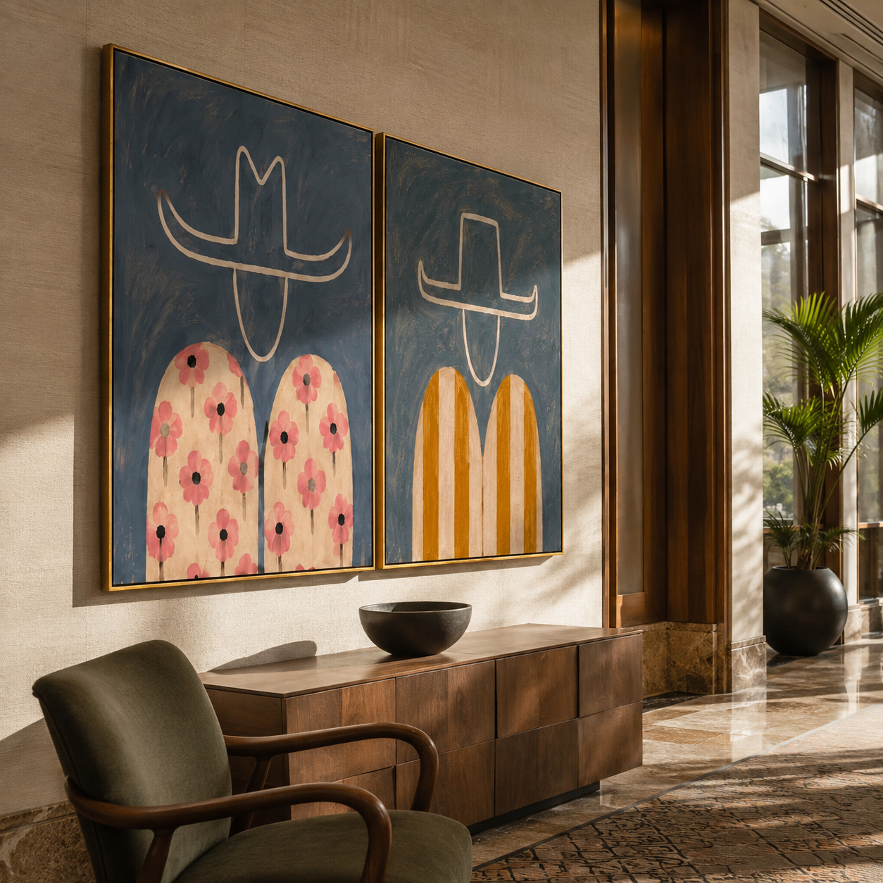 Floral Cowboys Carry Color paired wall art styled above modern furniture