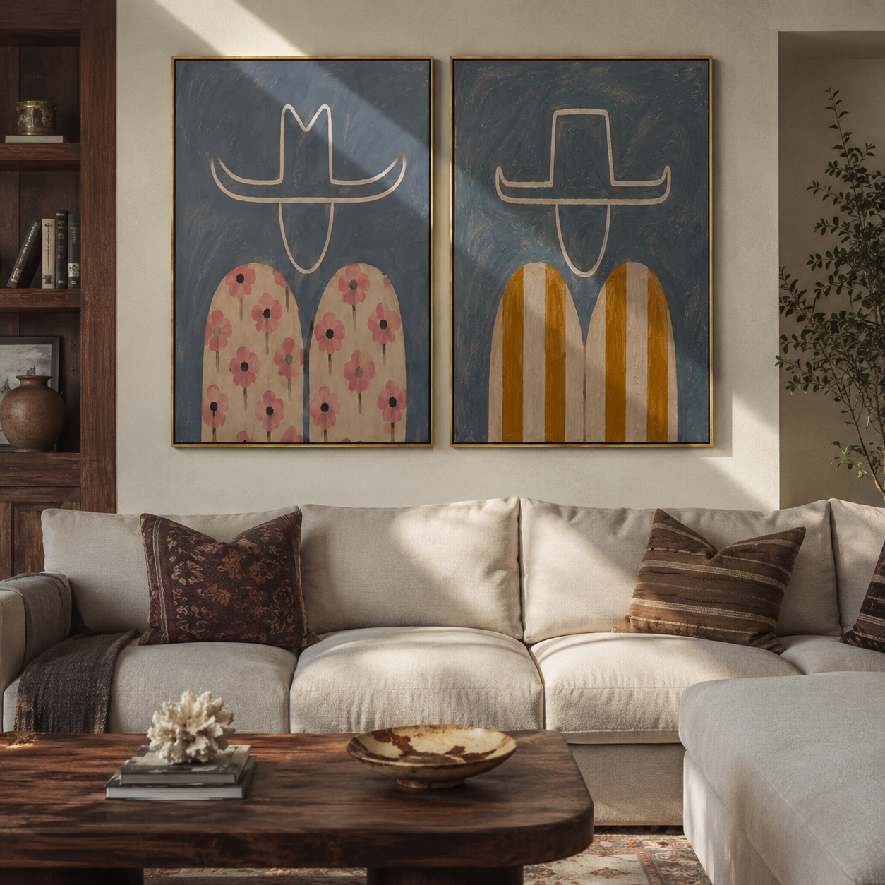 Floral Cowboys Carry Color Vintage Americana diptych in a collected room