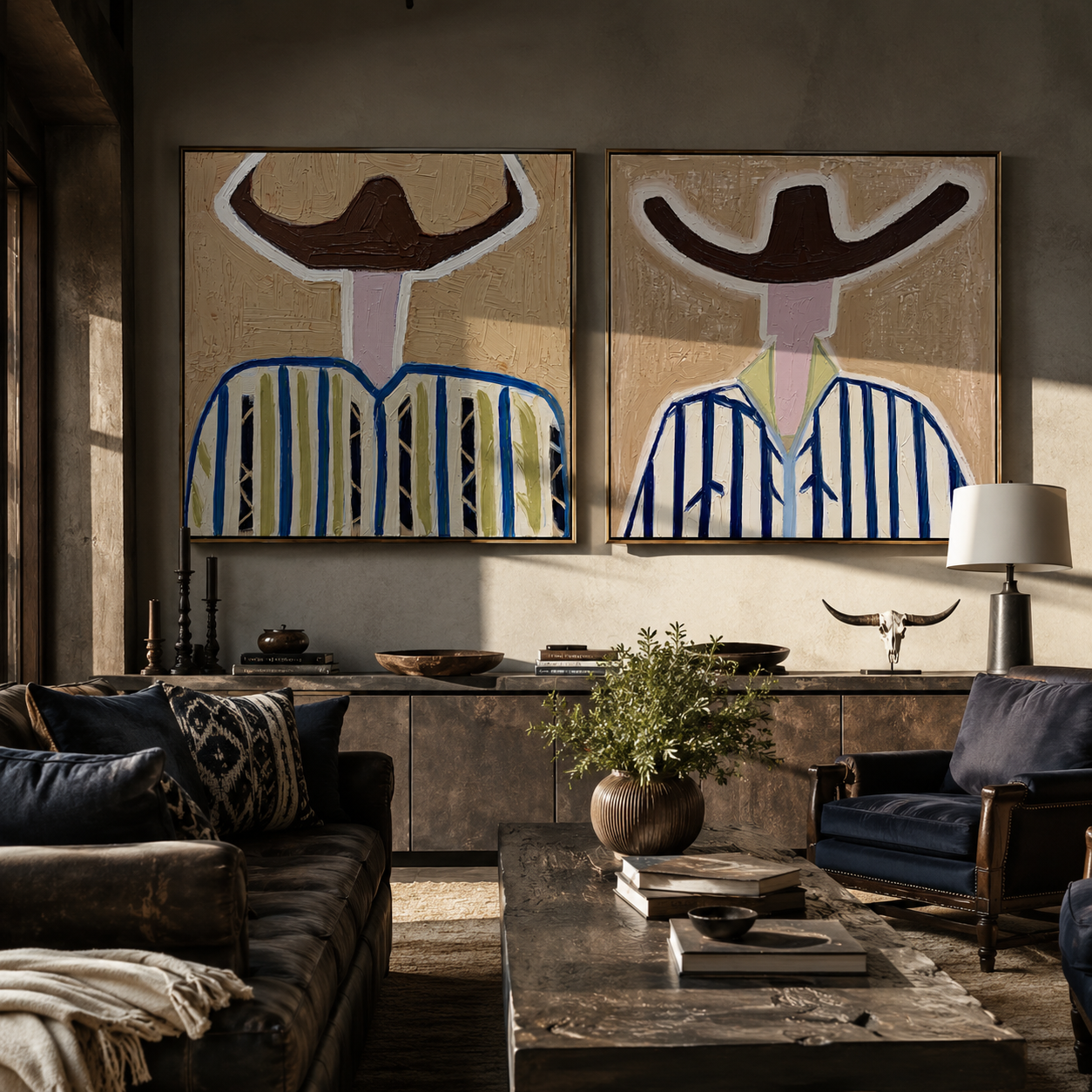 White Brims Cut Blue Western diptych displayed in a contemporary interior