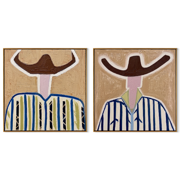 White Brims Cut Blue – blue Western Portrait Diptych Painting | Modern Vintage Americana Set of 2 Wall Art