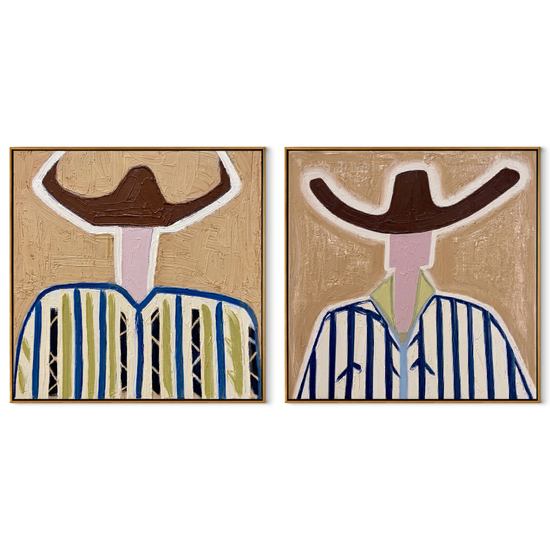 White Brims Cut Blue – blue Western Portrait Diptych Painting | Modern Vintage Americana Set of 2 Wall Art